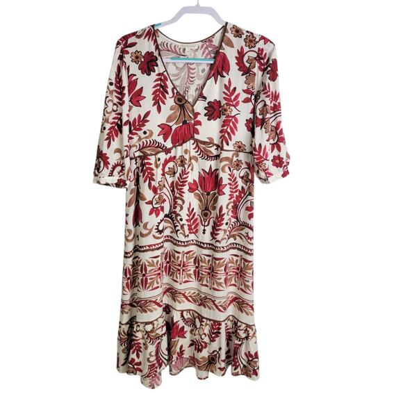 Fig + Flower Dresses & Skirts - FIG + FLOWER Anthro Floral Red Paisley Tiered Midi Dress Size Small Rayon Boho